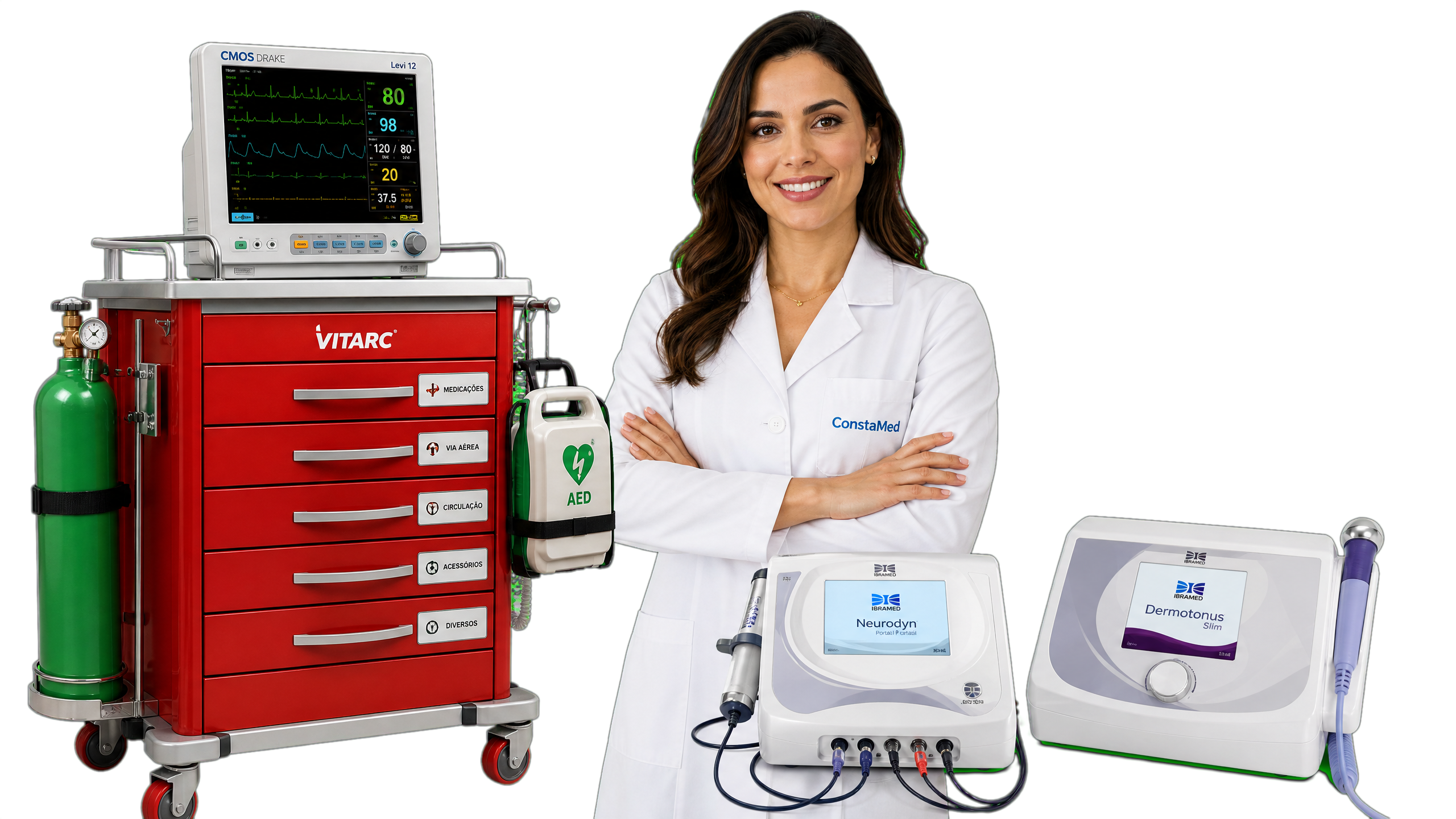 Equipamentos de emergência e estética com profissional de saúde